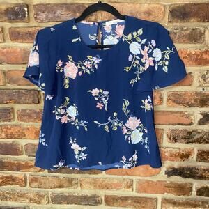 Rewind Navy Blue Floral Short Sleeve Blouse Women's Size XS